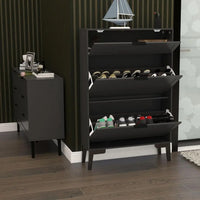 Contemporary Black Wood Shoe Storage Cabinet - Slim 3-Tier Freestanding Entryway Rack - Buy online at  Vibe In Cart.