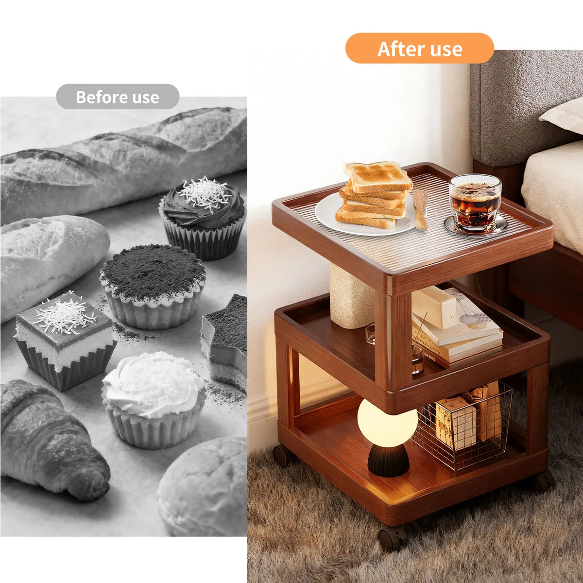 Geometric 3-Tier Bamboo Storage Side Table with Acrylic Surface & Wheels, Tea Brown Living Bedroom Furniture - Buy online at  Vibe In Cart.