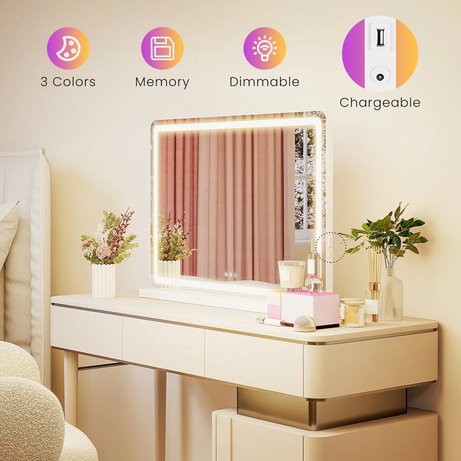 JHK LED Vanity Mirror with Lights Aluminum Frame Bathroom Mirror Dimmable 3 Color Modes Makeup Mirror Memory Function Bedroom - Buy online at  Vibe In Cart.