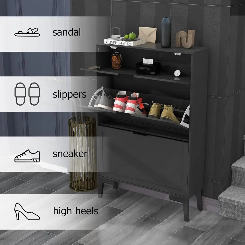 Contemporary Black Wood Shoe Storage Cabinet - Slim 3-Tier Freestanding Entryway Rack - Buy online at  Vibe In Cart.