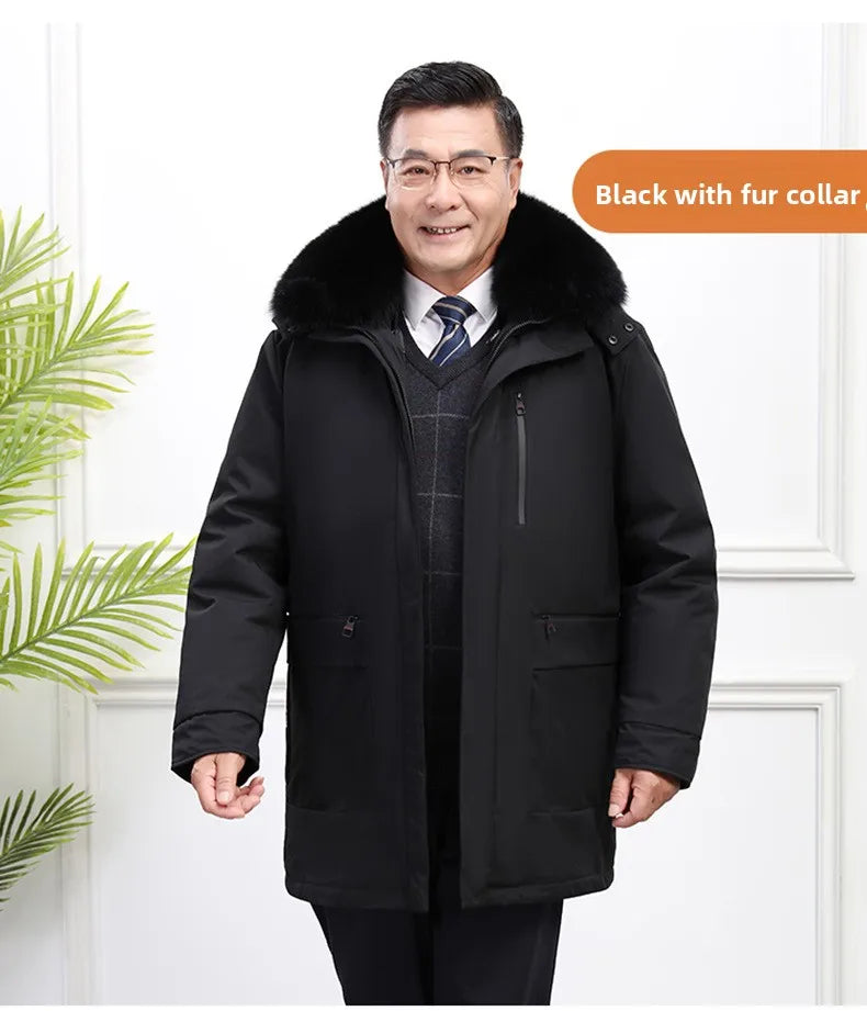 Men's White Goose Down Long Winter Jacket with Detachable Liner