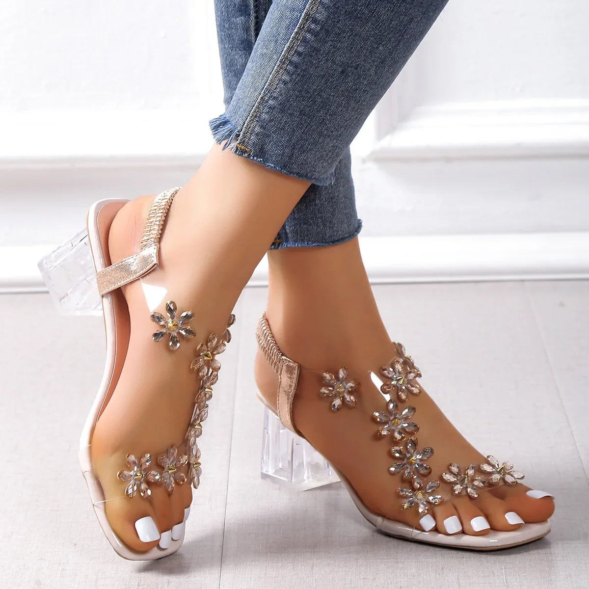 Women;s Sandals Pvc Crystal Flower Shoes for Women Decoration Chunky Heel Sandals Ladies Back Strap Fashion Shoes Female2024 - Buy online at  Vibe In Cart.