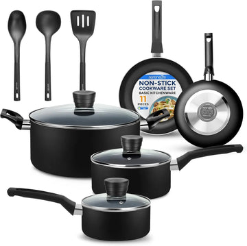 11-Piece Non-Stick Cookware Set with Heat-Resistant Coating, Black, Universal for All Cooktops - Buy online at  Vibe In Cart.