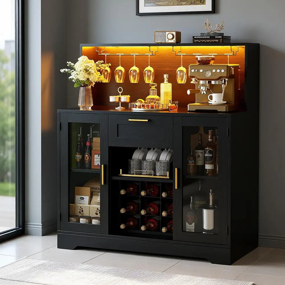 Illuminated Wine & Liquor Cabinet with Rack, Glass Holder, and Storage for Kitchen Buffet - Buy online at  Vibe In Cart.