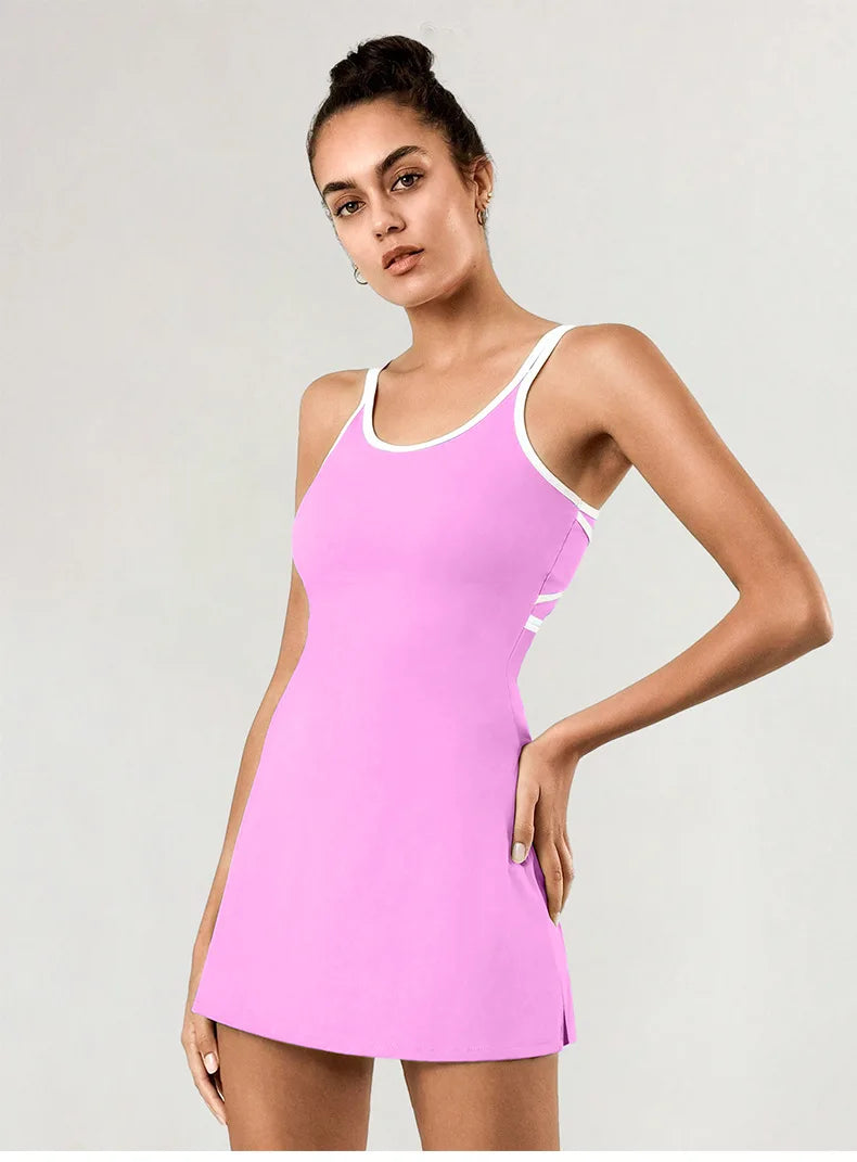 Women Tennis Dress with Inner Short Golf Badminton Skorts Backless Cross Tracksuits Ladies Sleeveless Golf Yoga Dresses S-XL