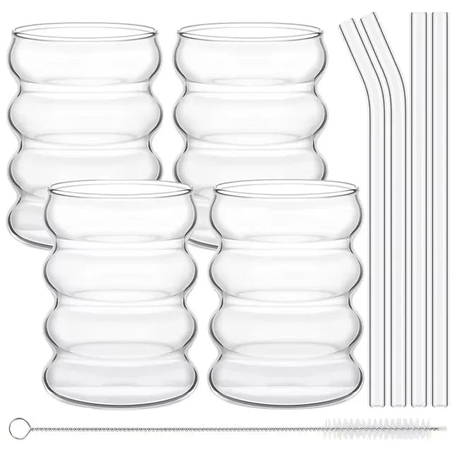 4pcs Creative Glass Cups Coffee Mug Clear Drinking Glasses Ribbed Glassware Cups With Straws Set Cocktail Fruit Glass Drinkware - Buy online at  Vibe In Cart.
