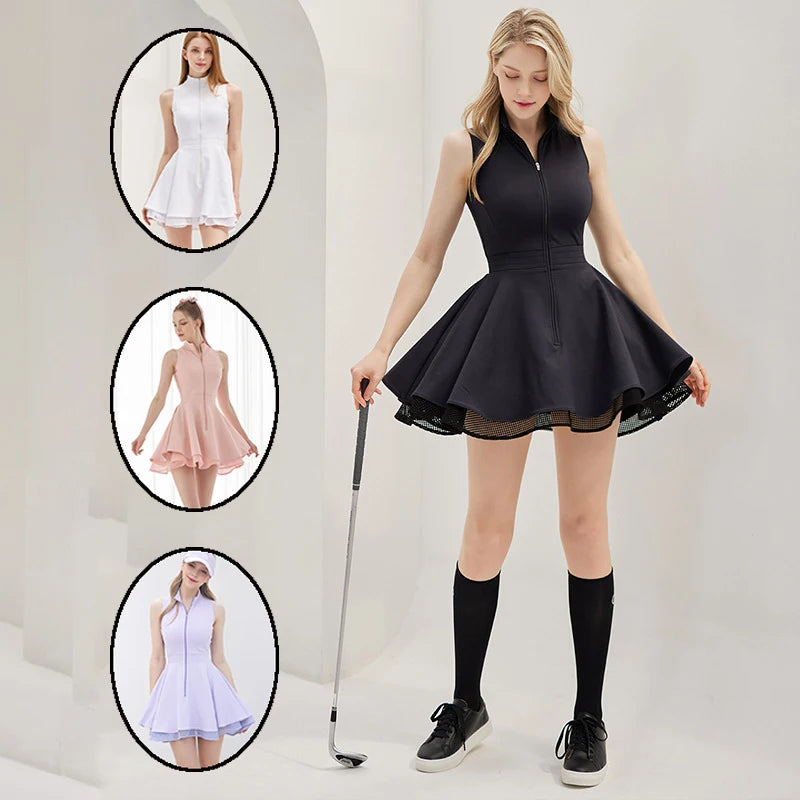 New Summer Women Tennis Polo Dress Zipper Collar Slim Golf Tennis Dress Lady Sleeveless Lace Ruffle Golf Skirts with Inner Short - Buy online at  Vibe In Cart.