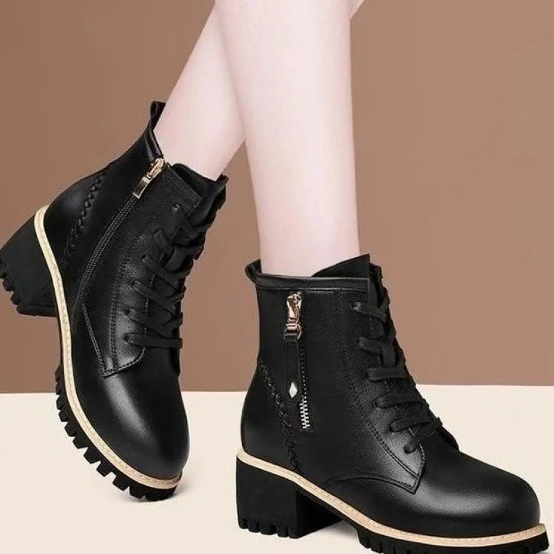 Women's Chunky Sole Ankle Boots     Lace-Up & Side-Zip Combat Boots Winter Fleece-Lined Booties Versatile Leather Boots Platfo - Buy online at  Vibe In Cart.