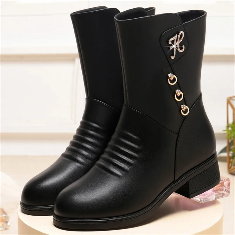 Soft Leather Boots for Women Autumn Winter with Plush Warm Side Zipper Round Toe High Heel Casual Anti-slip Mom Cotton Shoes - Buy online at  Vibe In Cart.