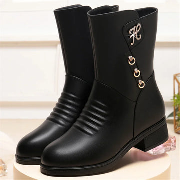 Soft Leather Boots for Women Autumn Winter with Plush Warm Side Zipper Round Toe High Heel Casual Anti-slip Mom Cotton Shoes - Buy online at  Vibe In Cart.