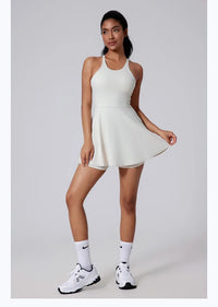 Women Beautiful Back Tennis Dress With Chest Cushion&Shorts Dreathable Outdoor Yoga Golf Skirt Workout Running Badminton Dress