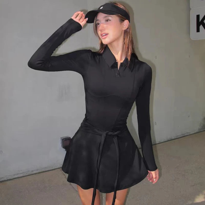 Womens tennis dresses Long Sleeve golf wear Sports Dress lapel mini Skirt Built in Shorts Workout badminton yoga fitness wear