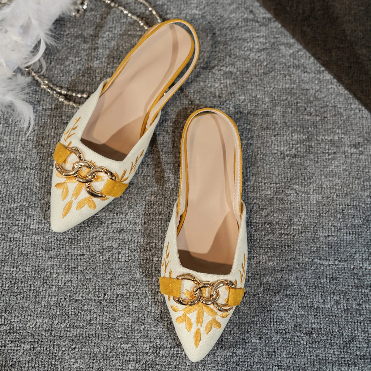 Retro Embroidered Metal Chain Decorated Pointed-Toe Mules, Backless Flat Sandals, Women's Summer Work Clothing Versatile Flats - Buy online at  Vibe In Cart.