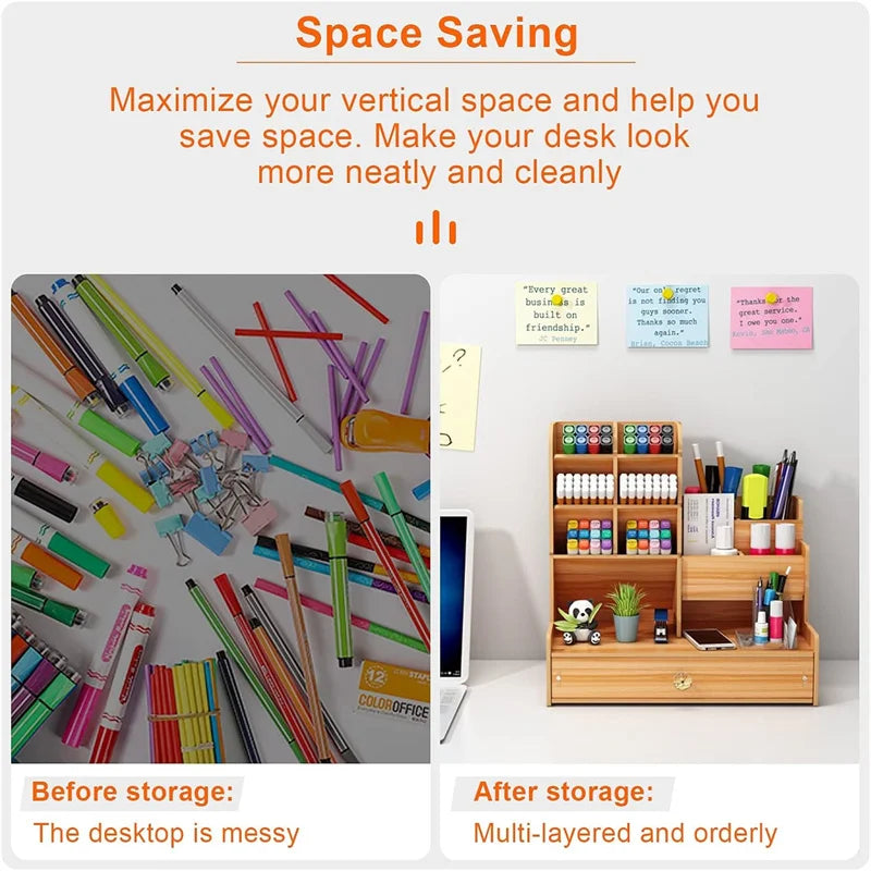 Wooden Pen Holder Desk Organizer With Storage Drawer