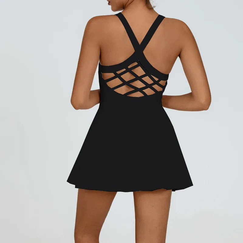 Women's Slim Fit Nylon Tennis Dress With Skorts And Chest Pads