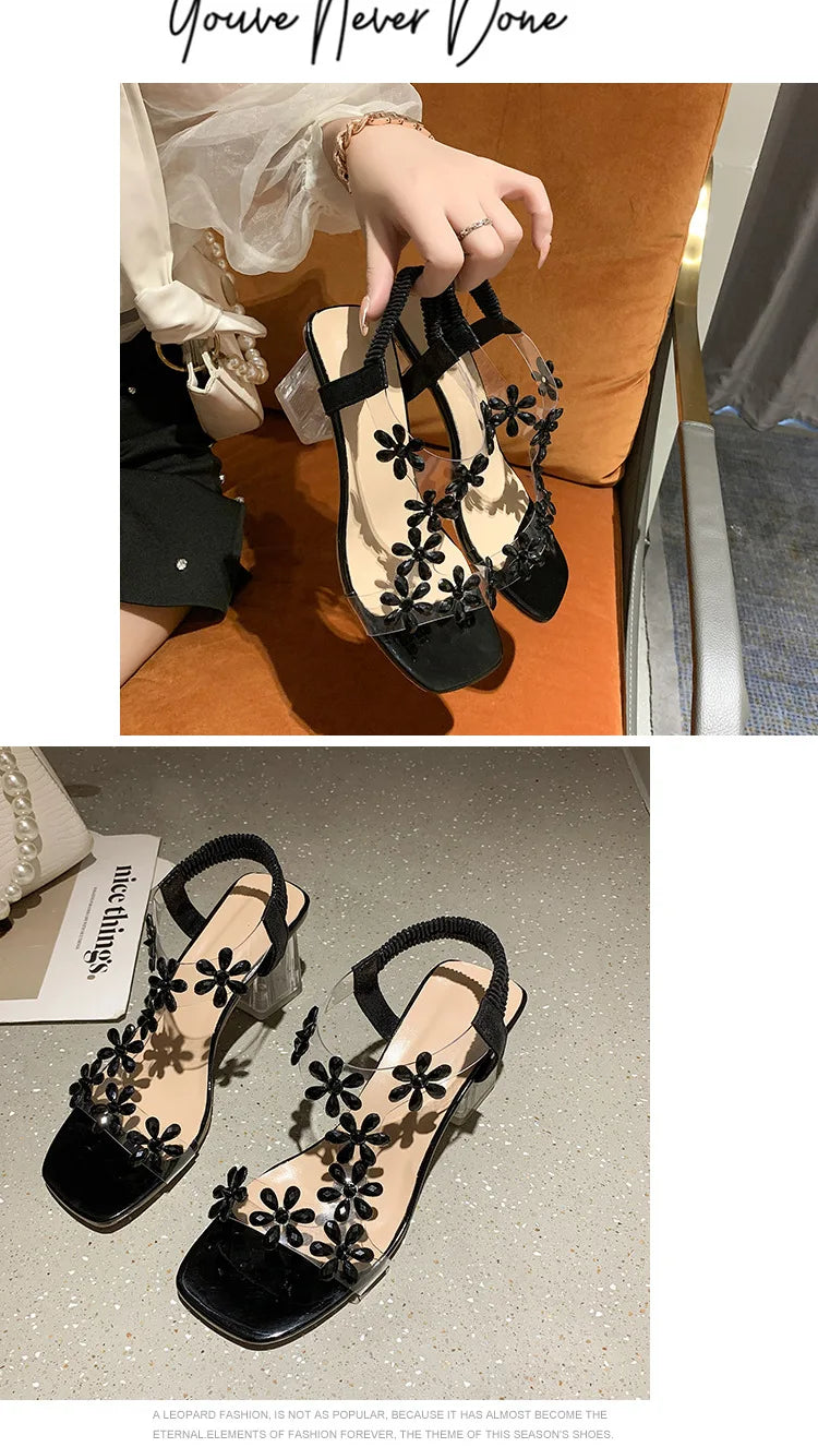 Women's High Heel Back Strap Sandals with Square Heel and Crystal