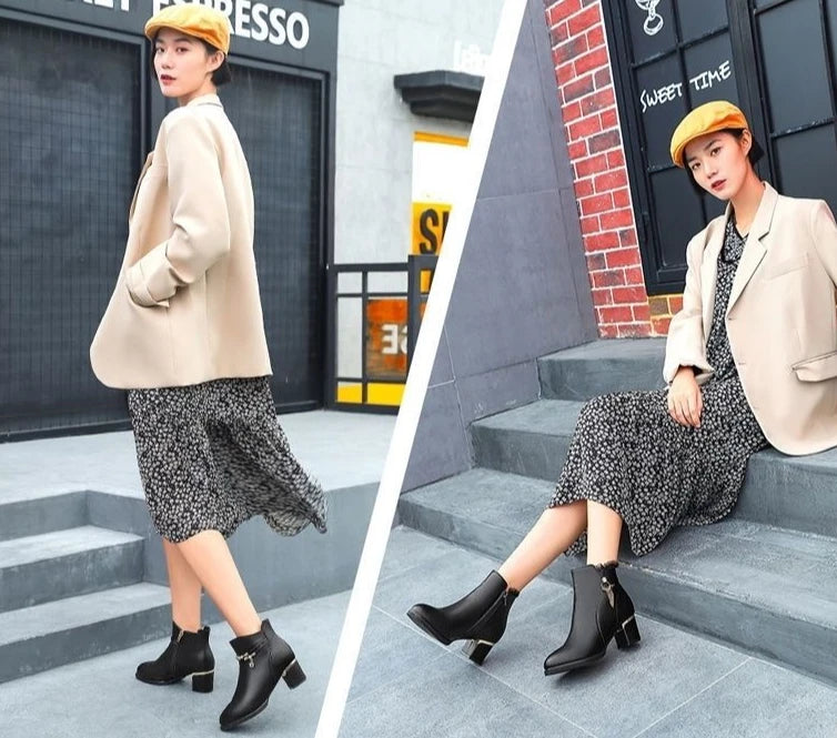 Autumn Winter Black Booties Elegant with Medium Heels Women's Ankle Boots Leather Warm Female Short Shoes Comfortable Boot Sale - Buy online at  Vibe In Cart.