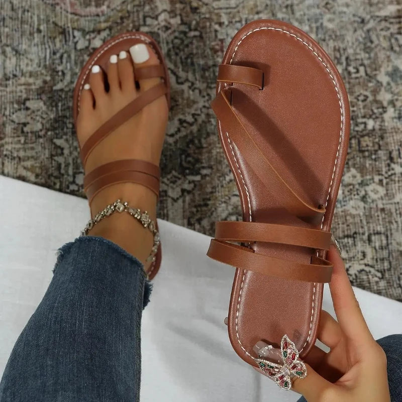 2025 Summer Flat Heel Sandals Women's Casual Simple Fashion Beach Slippers Women's PU Leather Belt Slip-On Gladiator Sandals - Buy online at  Vibe In Cart.