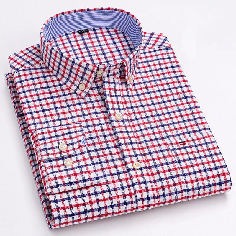 Men's Long Sleeve 100% Cotton Oxford Plaid Shirt