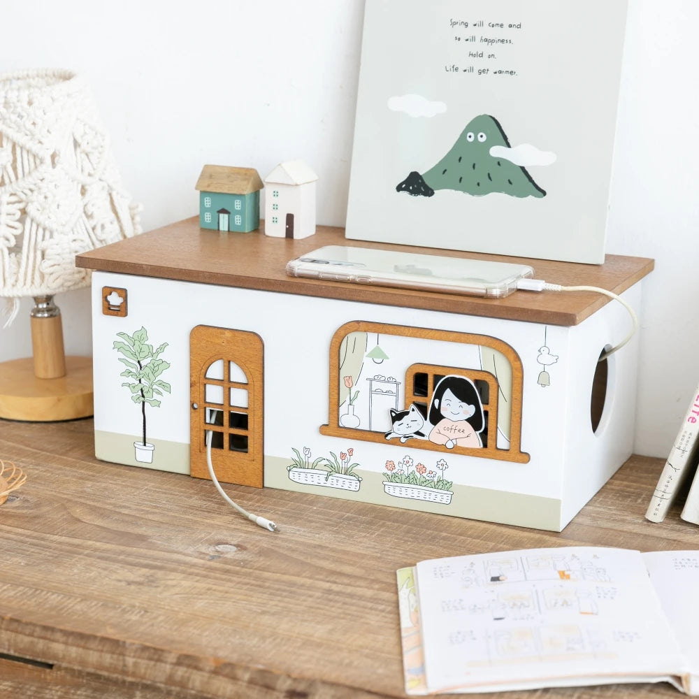 Wooden Rectangle Storage Box for Desktop Cord Organization
