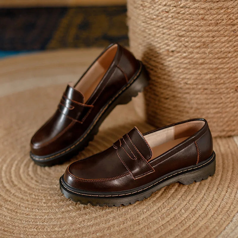 Women's Leather Loafers with Fringe Slip-On Brown Flats