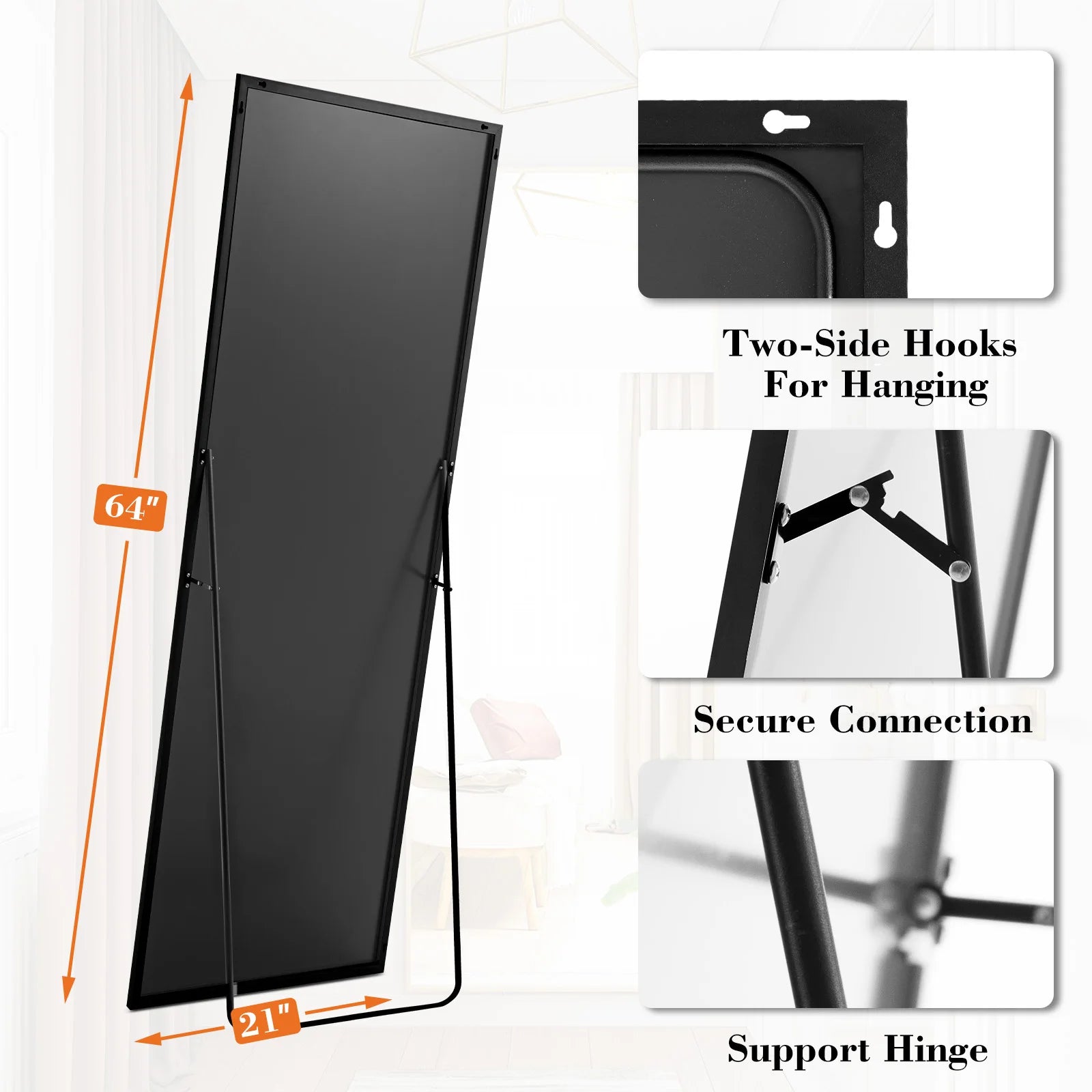 JHK 64"x21" Full Body Wall Mirror Standing Hanging or Leaning Wall-Mounted Mirrors with Stand Aluminum Alloy Frame Living Room - Buy online at  Vibe In Cart.