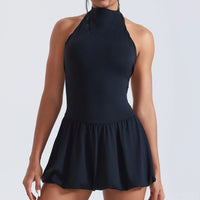 Women Tennis Dresses Quick Drying High Neck Backless Golf Skirt  Built in Shorts with Pockets Gym Running Yoga Dress