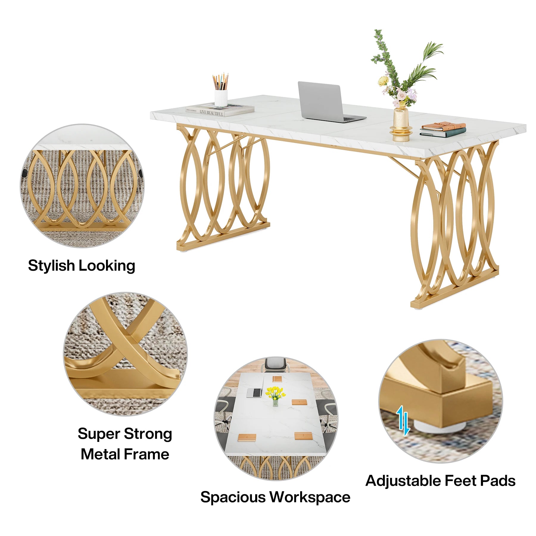 Modern Wooden Office Desk with Metal Legs, 70.9 Inches