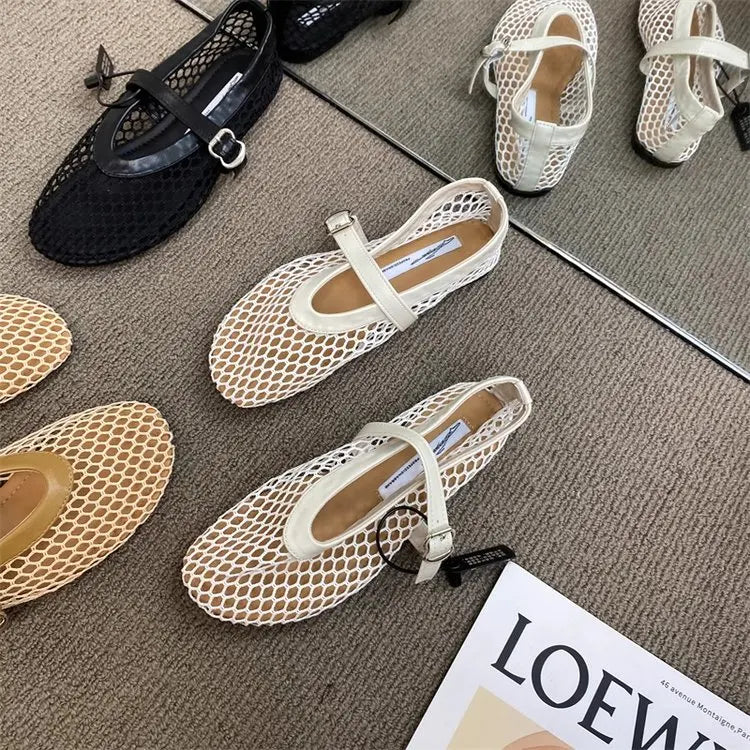 2025 New Hollow Mesh Women's Flat Ballet Shoes - Casual Fashion Versatile Breathable Fishnet Sandals - Buy online at  Vibe In Cart.