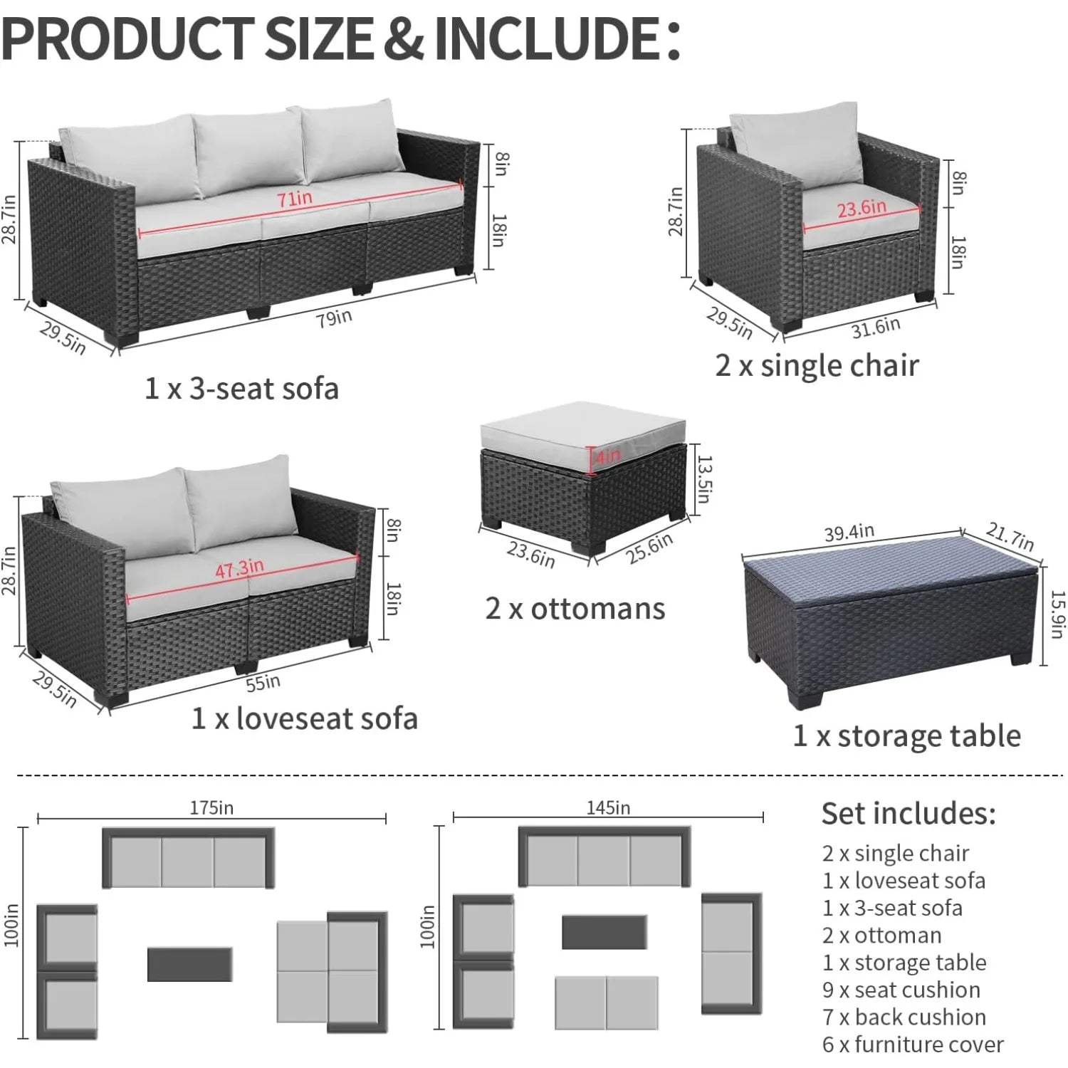 Patio Furniture Sets 7 Pieces Outdoor Furniture Sectional Patio Couches Set with Storage Table Light Grey Cushions - Buy online at  Vibe In Cart.