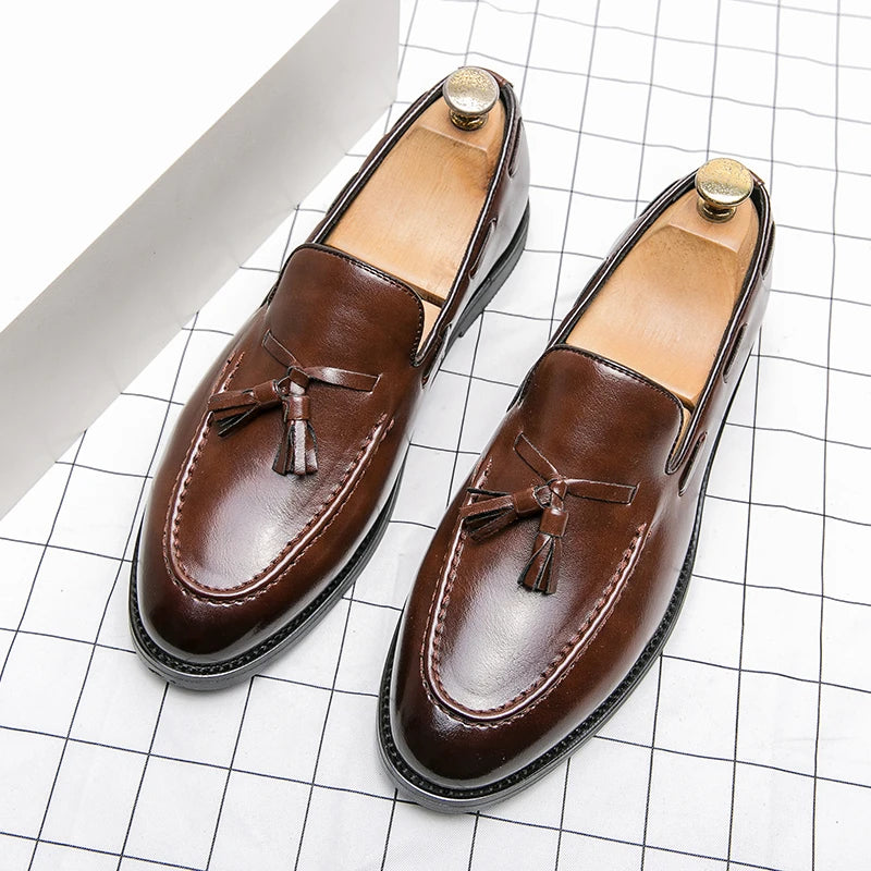 Men's Formal Leather Brogues Shoes with Tassels, Slip-On