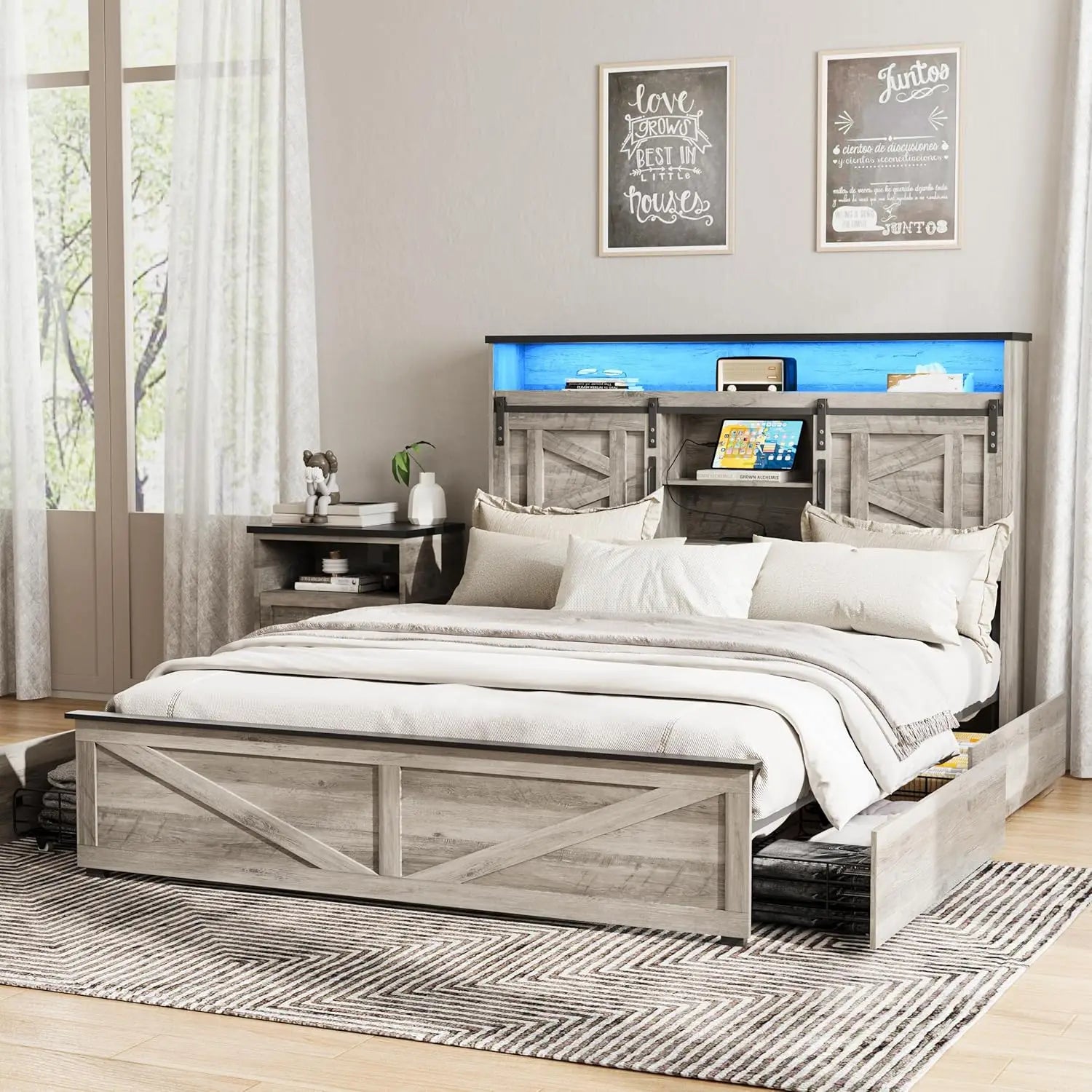 Vabches Bed Frame Queen with 4 Drawer&Storage Headboard Platform Bed Frame with LED Light& Power Strip&Sliding Barn Door Bedroom - Buy online at  Vibe In Cart.