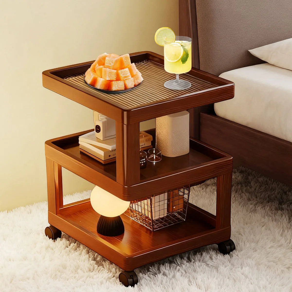 Geometric 3-Tier Bamboo Storage Side Table with Acrylic Surface & Wheels, Tea Brown Living Bedroom Furniture - Buy online at  Vibe In Cart.