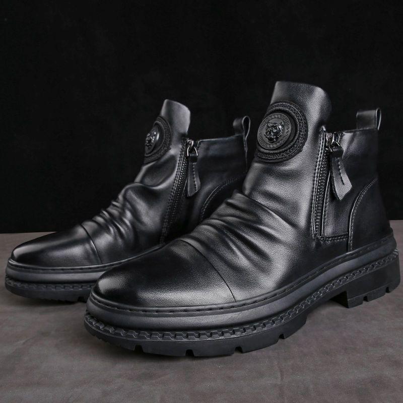 Men's Motorcycle Leather Boots British Style Round Head High Top Shoes Side Zip Walking Casual Platform Boots Bota Masculina - Buy online at  Vibe In Cart.