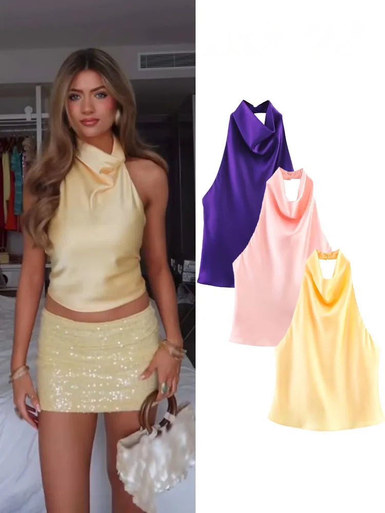 Women's Short Sleeveless Backless Tops with Buttons, Polyester