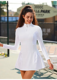 Women's Long-Sleeve Polyester Zipper Collar Pleated Tennis Skorts Dress