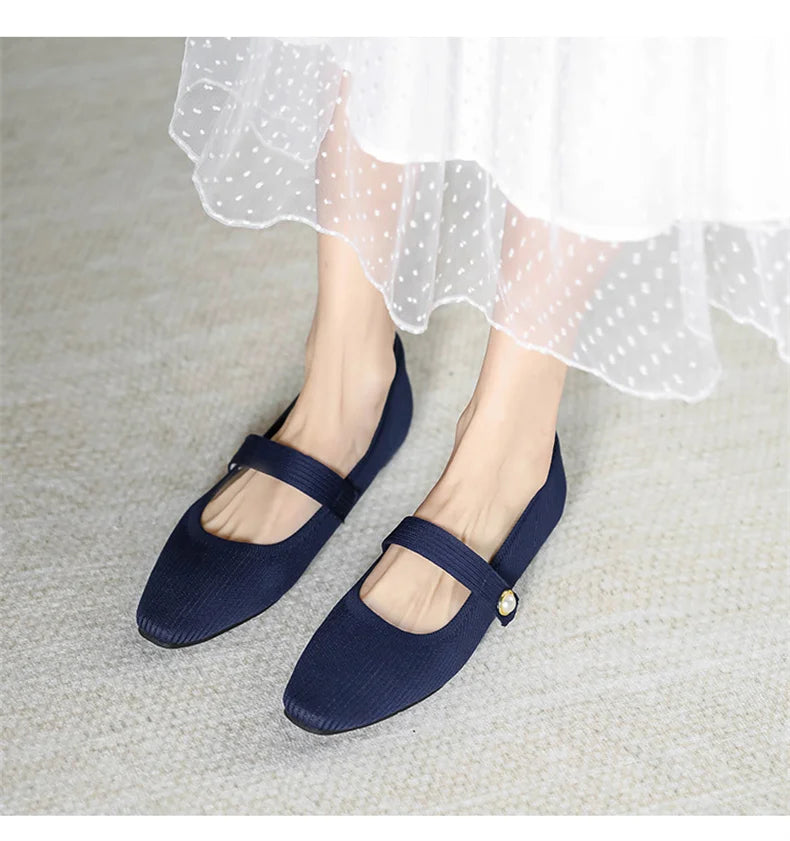 Women's Ankle Strap Weaving Ballerina Flats with Pearl