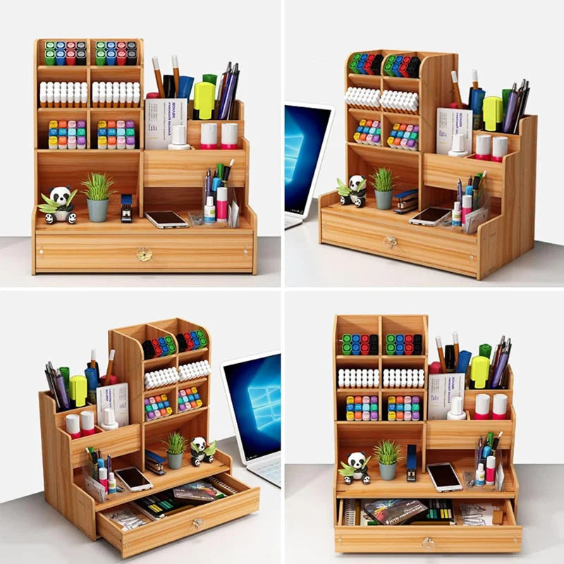Wooden Pen Holder Desk Organizer With Storage Drawer