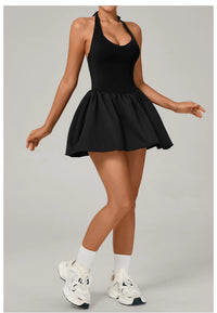 Hanging Neck Tennis Dress Women Solid Color Sleeveless Sports One Piece Pocket Suits Outdoor Running Fitness Yoga Golf Dresses