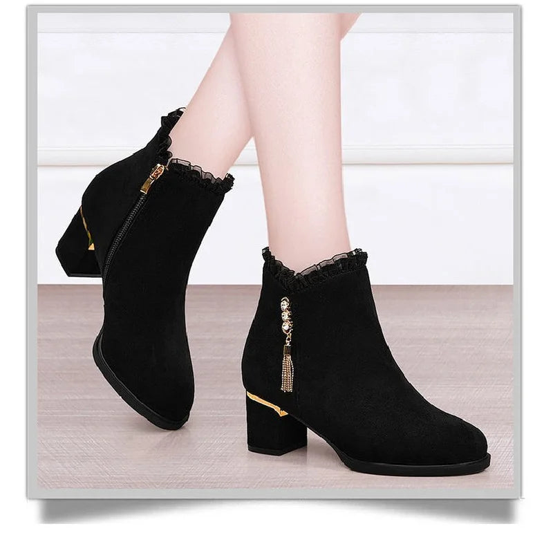 2025 New British Style Winter Boots Women - Round Toe Tassel Furry Lined Mid Heel Ankle Boots Diamond Decor Zip Side - Buy online at  Vibe In Cart.