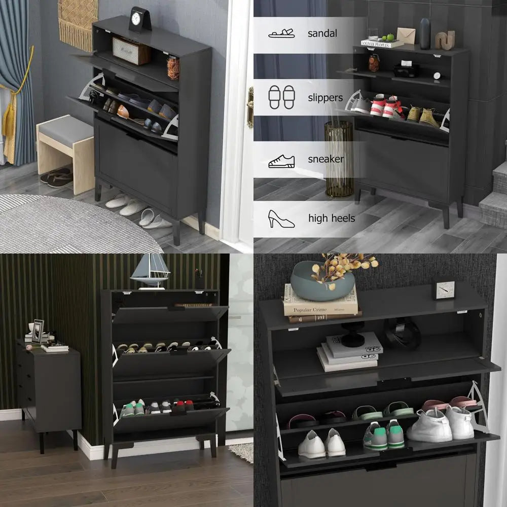 Contemporary Black Wood Shoe Storage Cabinet - Slim 3-Tier Freestanding Entryway Rack - Buy online at  Vibe In Cart.