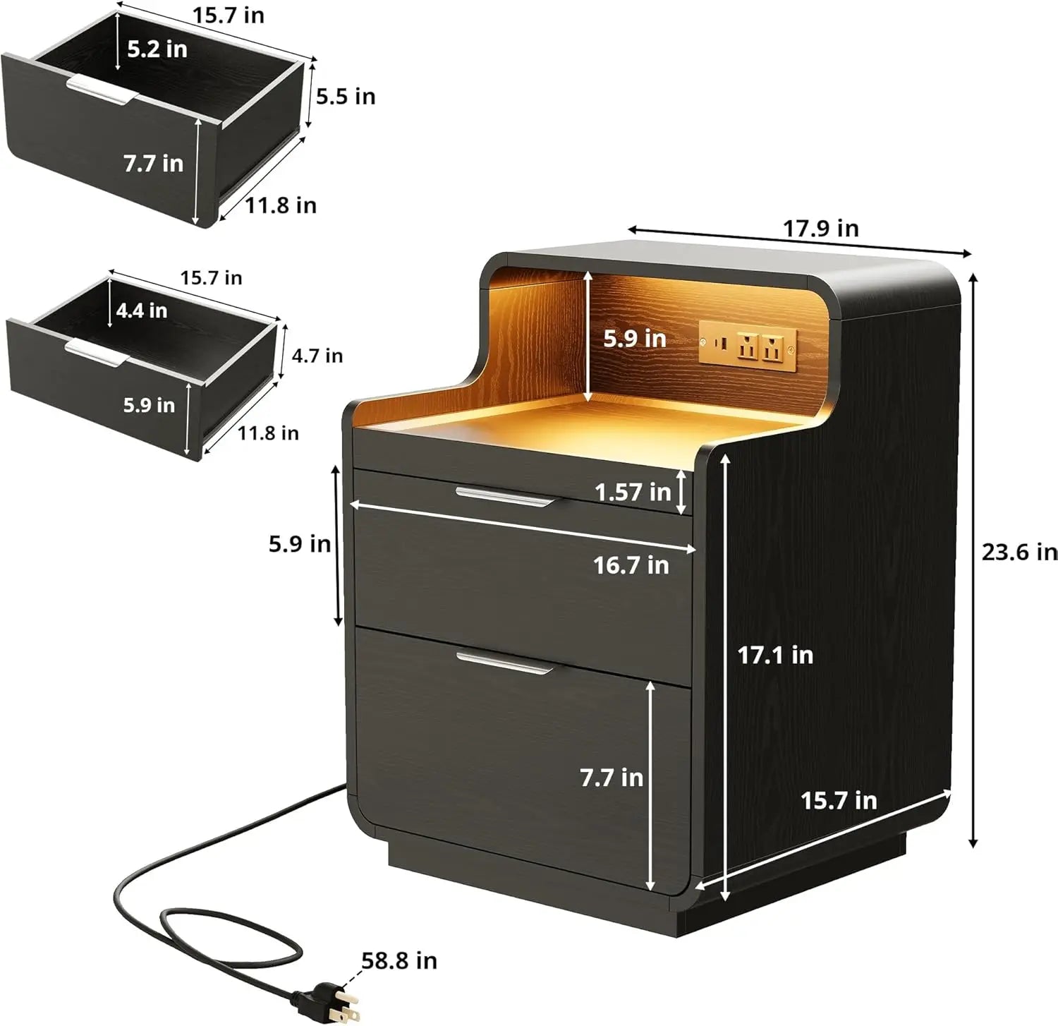 LIKIMIO Nightstand with Charging Station and LED Lights, Night Stand with Pull-Out Shelf, Bedside Table for Bedroom, Black - Buy online at  Vibe In Cart.
