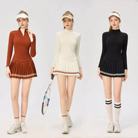 Women Long Sleeve Yoga Tennis Shirts Zipper Collar Workout Athletic Tops Ladies Slim Pleated Tennis Skirt Gym Short Skorts - Buy online at  Vibe In Cart.