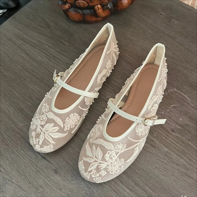 2025 Summer Women Mary Jane Shoes Brand Designer New Embroidered Mesh Elegant Belt Buckle Strap White Ladies Ballet Flats - Buy online at  Vibe In Cart.