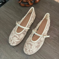 2025 Summer Women Mary Jane Shoes Brand Designer New Embroidered Mesh Elegant Belt Buckle Strap White Ladies Ballet Flats - Buy online at  Vibe In Cart.