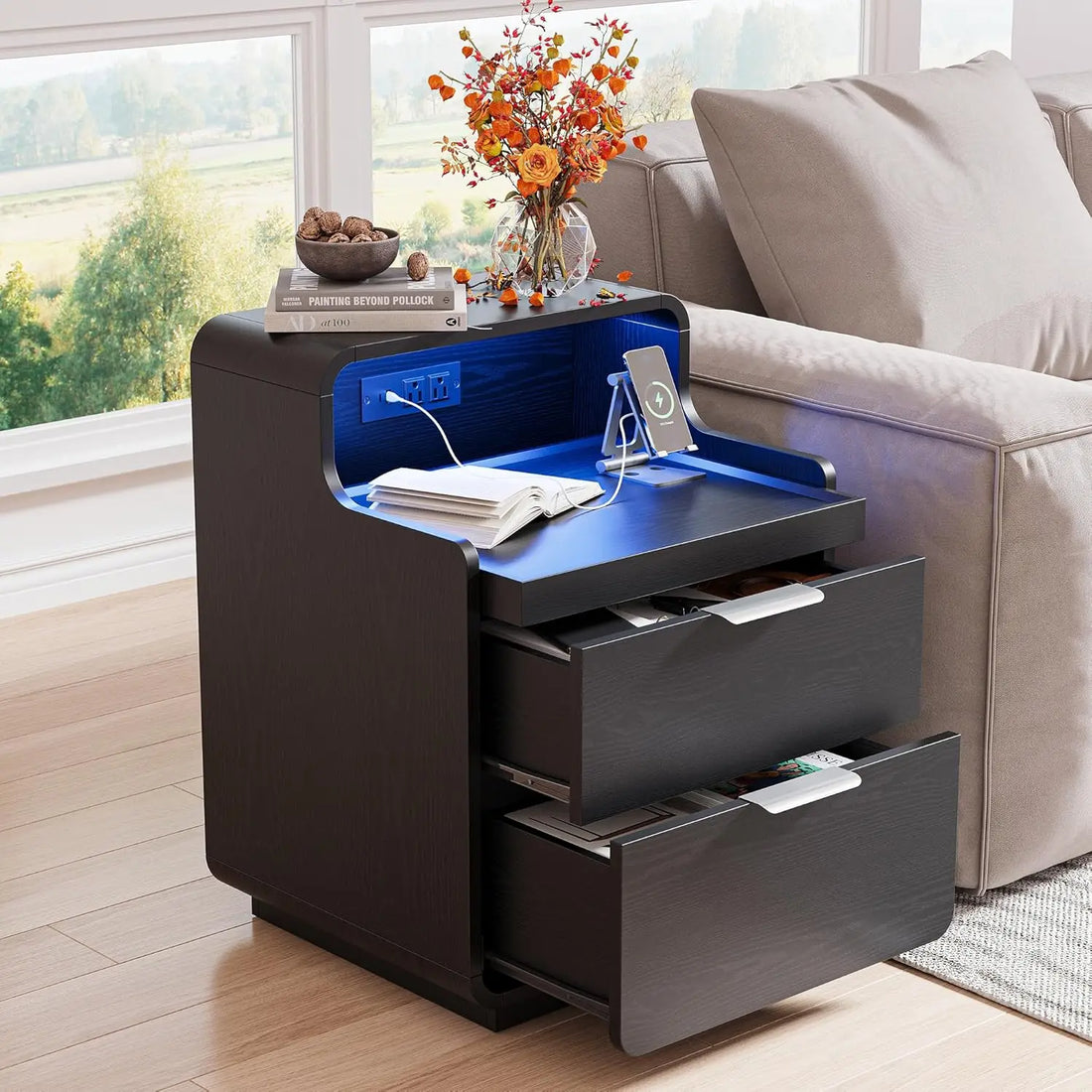 LIKIMIO Nightstand with Charging Station and LED Lights, Night Stand with Pull-Out Shelf, Bedside Table for Bedroom, Black - Buy online at  Vibe In Cart.