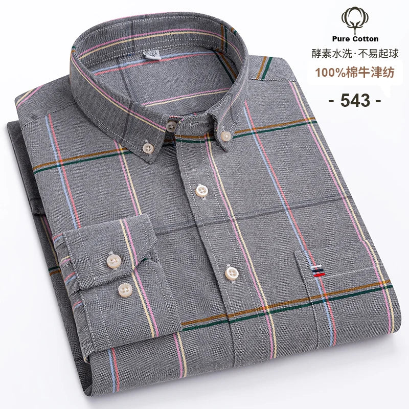 Men's Long Sleeve Plaid Cotton Formal Shirt Regular Fit S-7XL