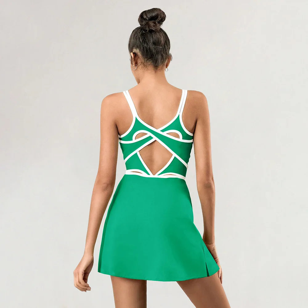 Women Tennis Dress with Inner Short Golf Badminton Skorts Backless Cross Tracksuits Ladies Sleeveless Golf Yoga Dresses S-XL