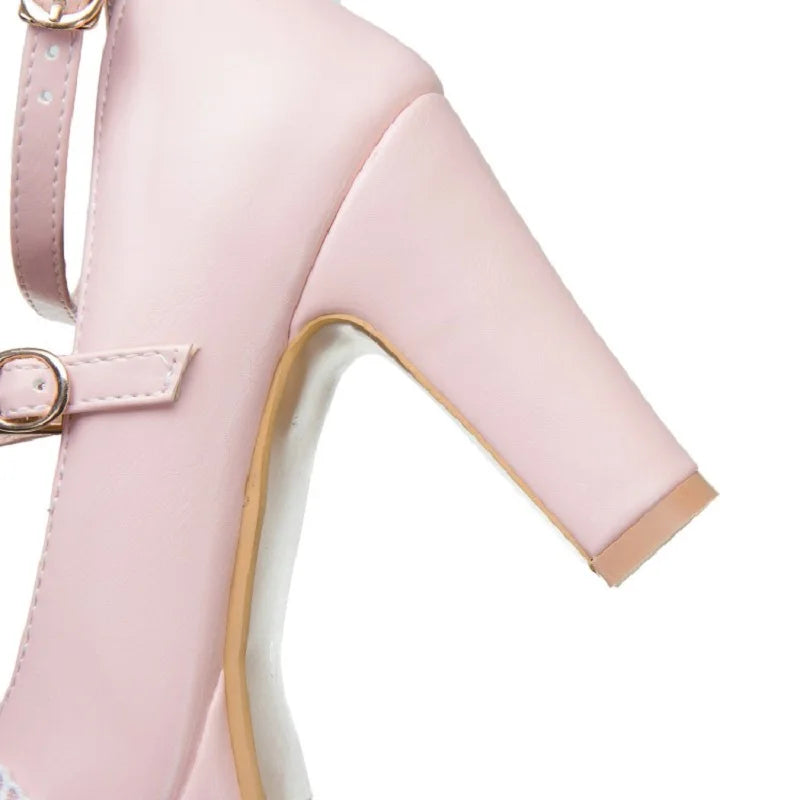 New high-heeled women's single shoes, white lace frills princess shoes, cute pink student party gathering high heels, thick-heel - Buy online at  Vibe In Cart.