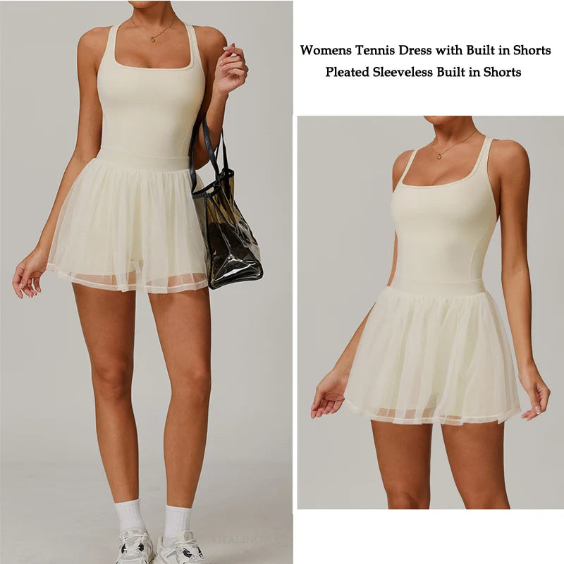 VITALINOVO Womens Tennis Dress with Built in Shorts Golf Dress Square Neck Athletic Outfits Active Dresses Raceback Padded Dress